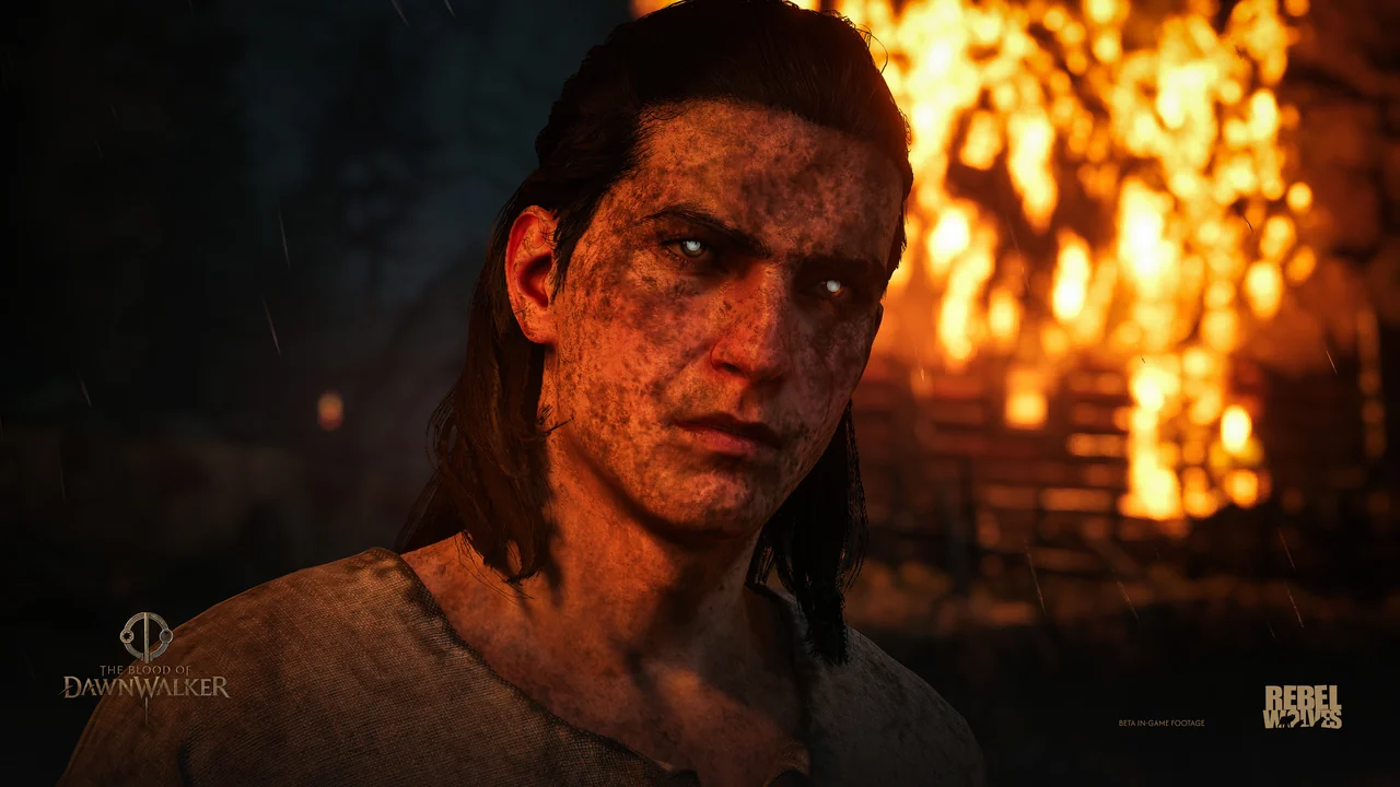 Coen with glowing eyes and a blood-marked face.