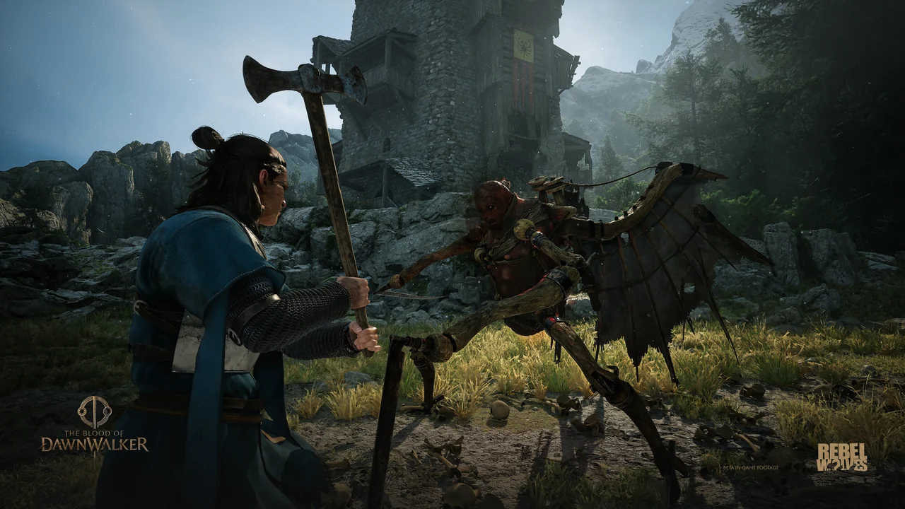 Coen faces a winged creature beside a ruined tower.