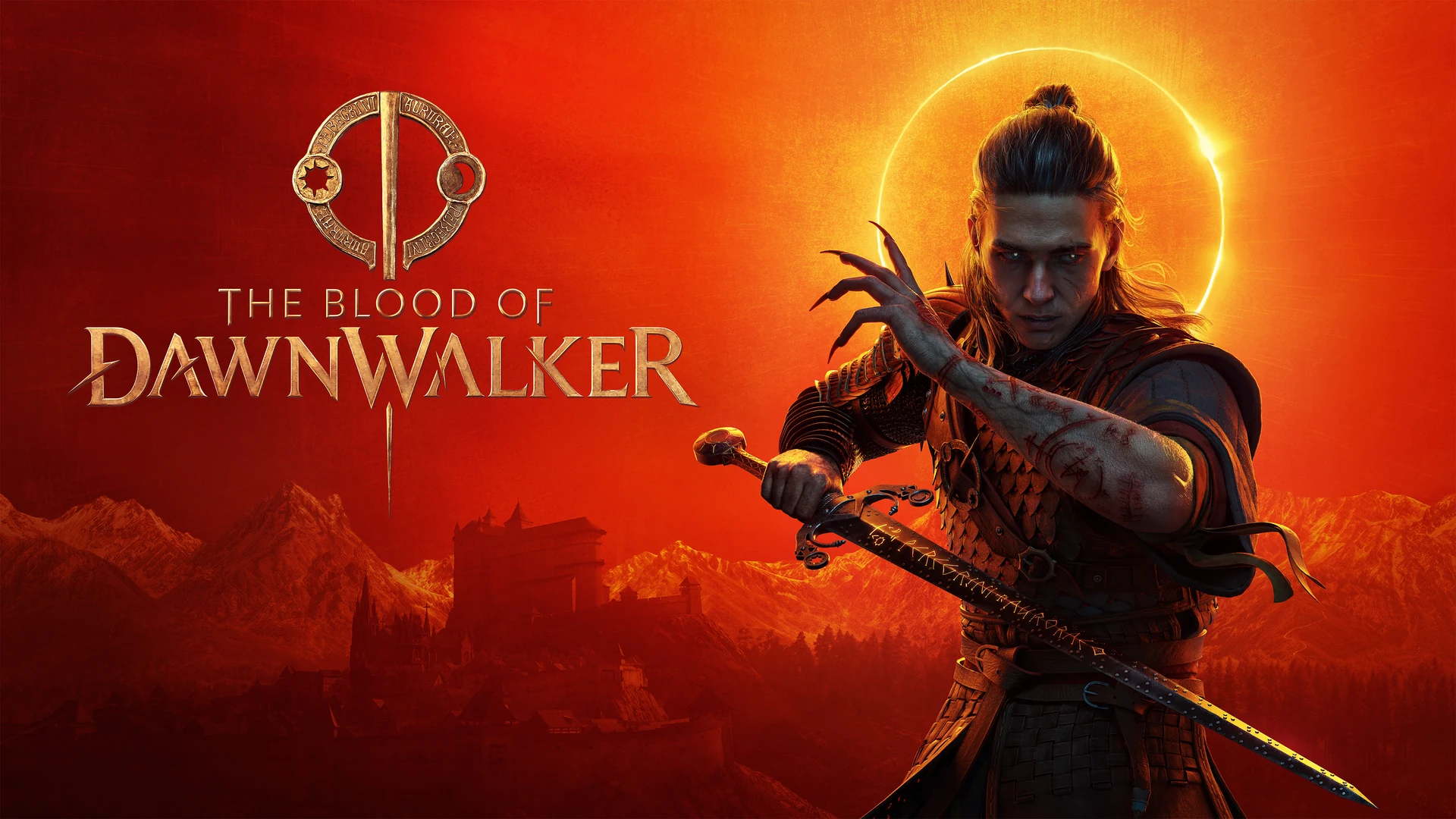 Coen holds a sword and extends his claws beneath an eclipse beside The Blood of Dawnwalker logo.